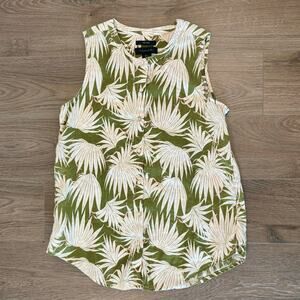 Tahari 100% Linen Sleeveless Blouse Green Floral Tropical Palm Womens small boho